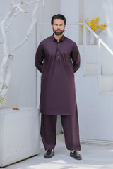 Stitched Signature Logo Shalwar Kameez With Golden Buttons for Men - Dark Purple - A Man