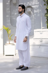 Stitched Signature Logo Shalwar Kameez With Golden Buttons for Men - Off White - A Man