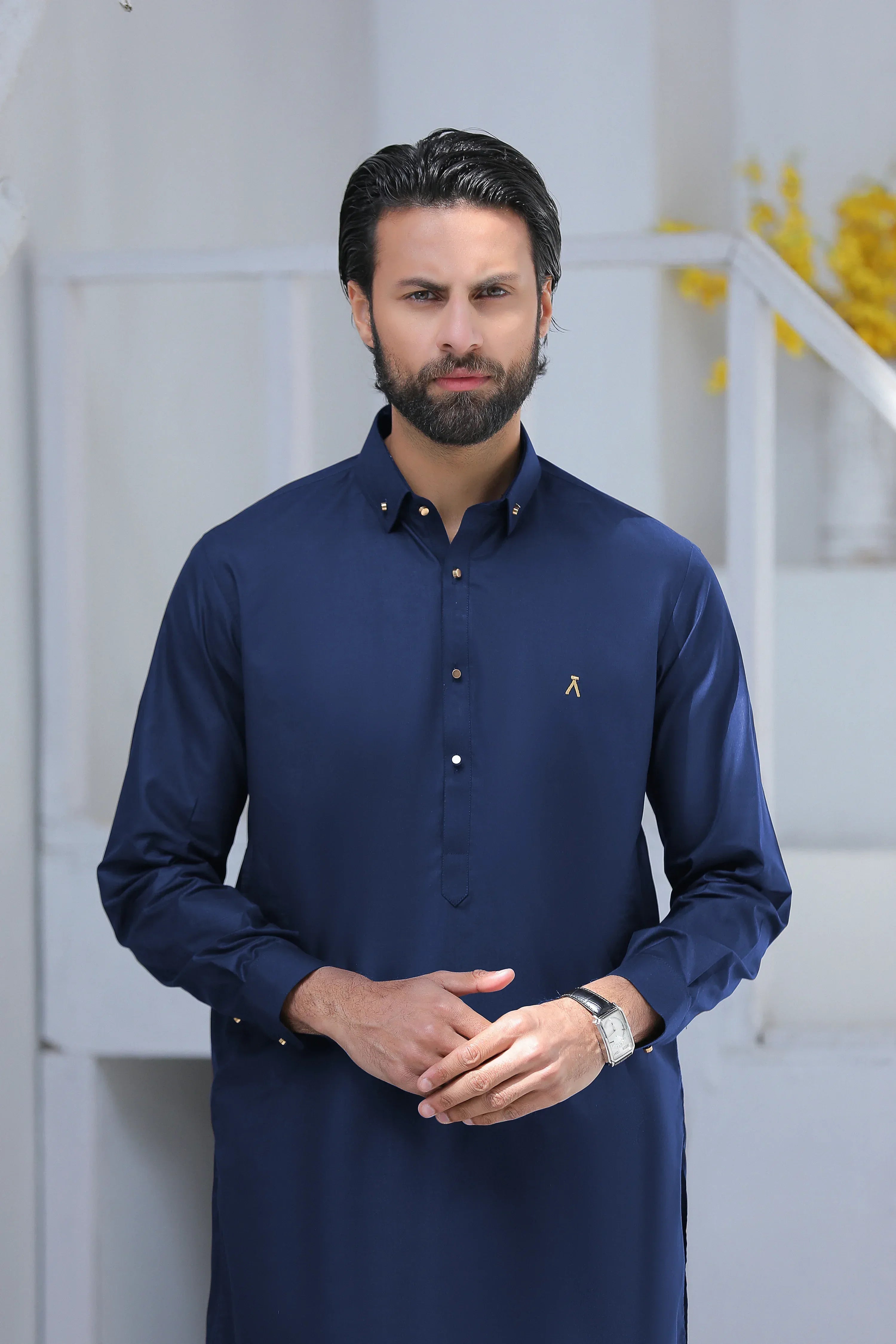 Stitched Signature Logo Shalwar Kameez With Golden Button for Men - Navy Blue - A Man