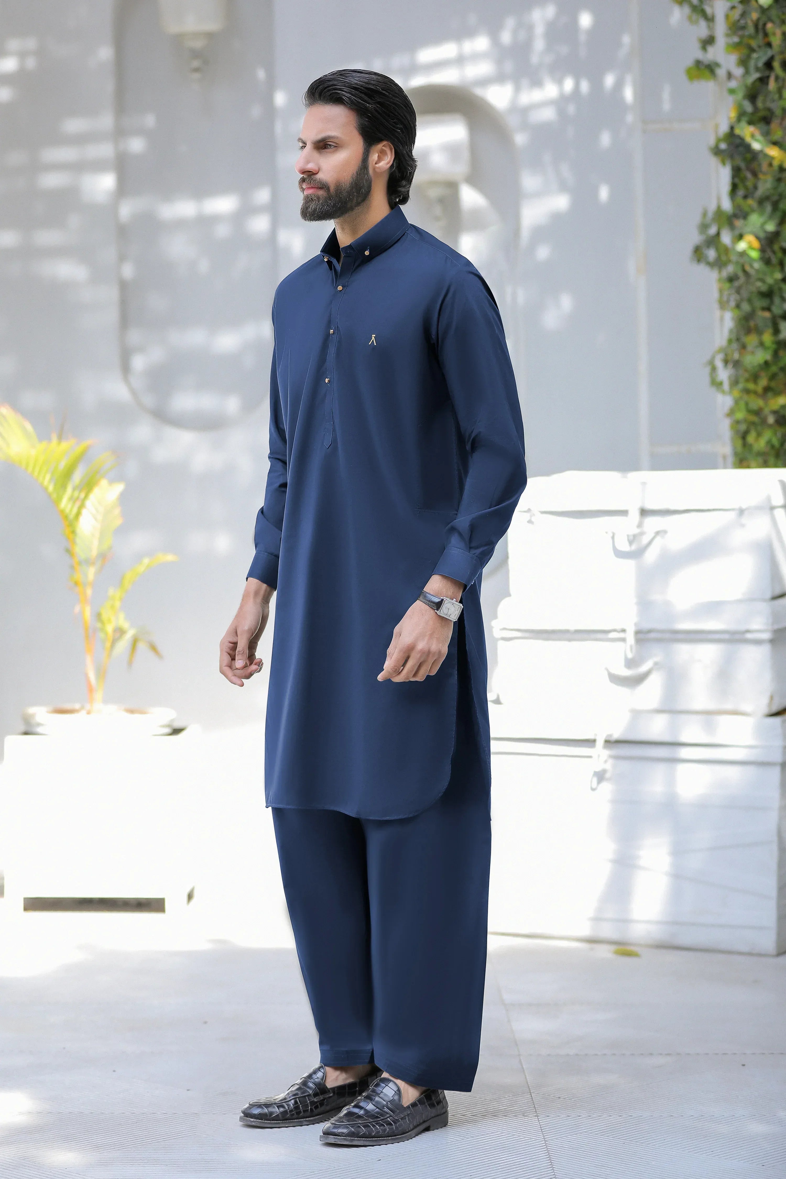 Stitched Signature Logo Shalwar Kameez With Golden Button for Men - Navy Blue - A Man