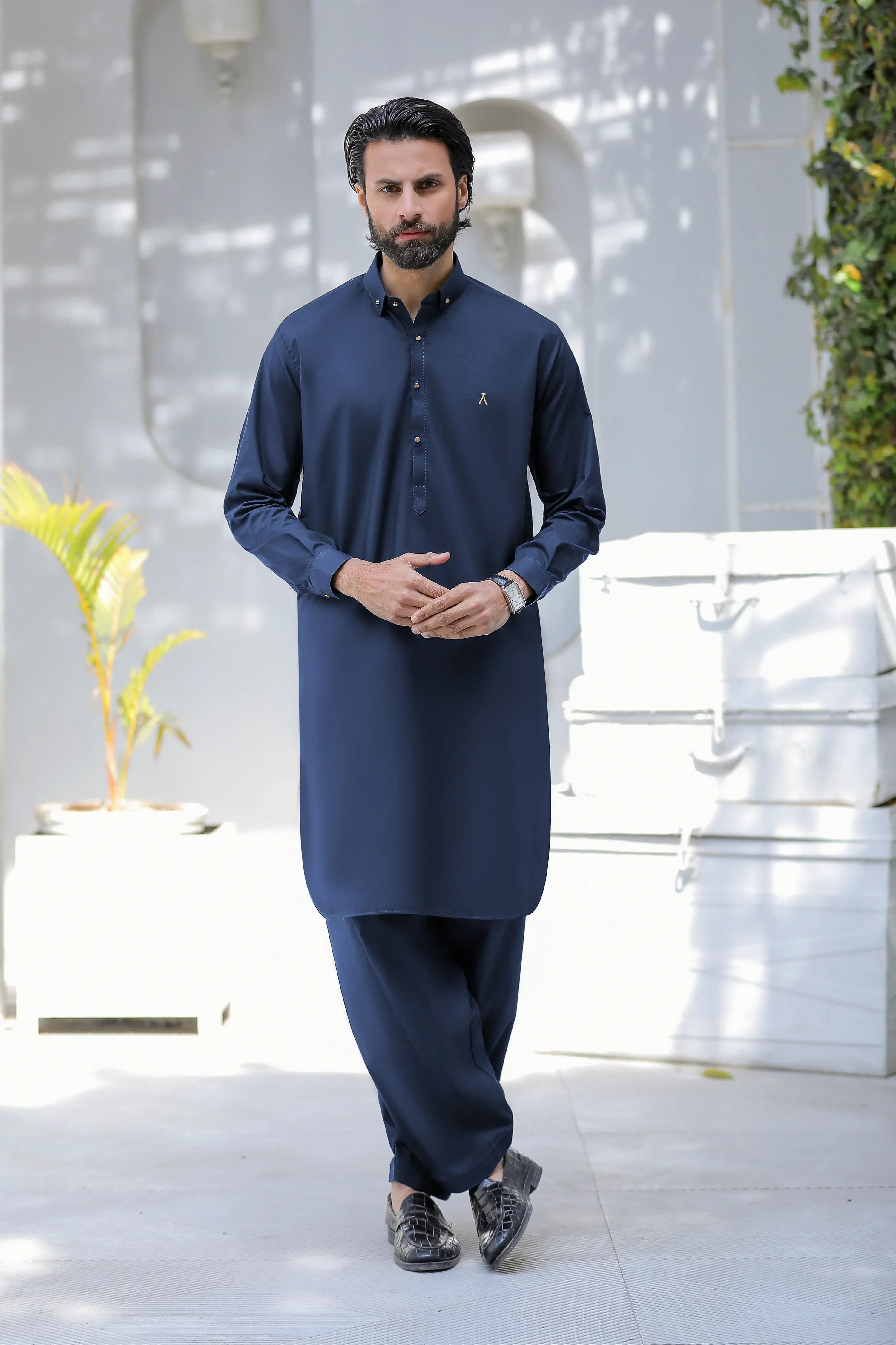 Stitched Signature Logo Shalwar Kameez With Golden Button for Men - Navy Blue - A Man