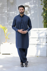 Stitched Signature Logo Shalwar Kameez With Golden Button for Men - Navy Blue - A Man