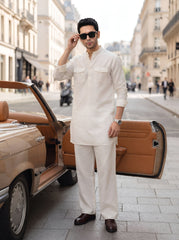 Stitched Cotton Kurta Trouser Set Relaxed Fit - Vanilla Cream